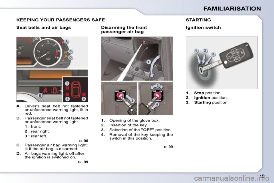 PEUGEOT 1007 2008  Owners Manual FAMILIARISATION
   
1. � �  �O�p�e�n�i�n�g� �o�f� �t�h�e� �g�l�o�v�e� �b�o�x�.� 
  
2. � �  �I�n�s�e�r�t�i�o�n� �o�f� �t�h�e� �k�e�y�.� 
  
3.    Selection of the   "OFF" � �p�o�s�i�t�i�o�n�.�