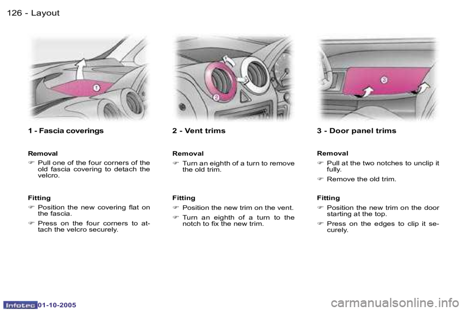 PEUGEOT 1007 2005  Owners Manual �1�2�6 �-�L�a�y�o�u�t
�0�1�-�1�0�-�2�0�0�5
�1�2�7
�-�L�a�y�o�u�t
�0�1�-�1�0�-�2�0�0�5
�1� �-� �F�a�s�c�i�a� �c�o�v�e�r�i�n�g�s
�R�e�m�o�v�a�l 
�F
� �P�u�l�l� �o�n�e� �o�f� �t�h�e� �f�o�u�r� �c�o�r�n�e