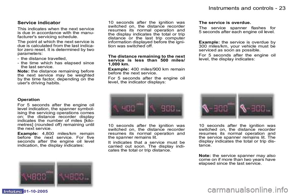 PEUGEOT 1007 2005  Owners Manual �2�2 �-�I�n�s�t�r�u�m�e�n�t�s� �a�n�d� �c�o�n�t�r�o�l�s
�0�1�-�1�0�-�2�0�0�5
�2�3
�-�I�n�s�t�r�u�m�e�n�t�s� �a�n�d� �c�o�n�t�r�o�l�s
�0�1�-�1�0�-�2�0�0�5
�S�e�r�v�i�c�e� �i�n�d�i�c�a�t�o�r
�T�h�i�s� �