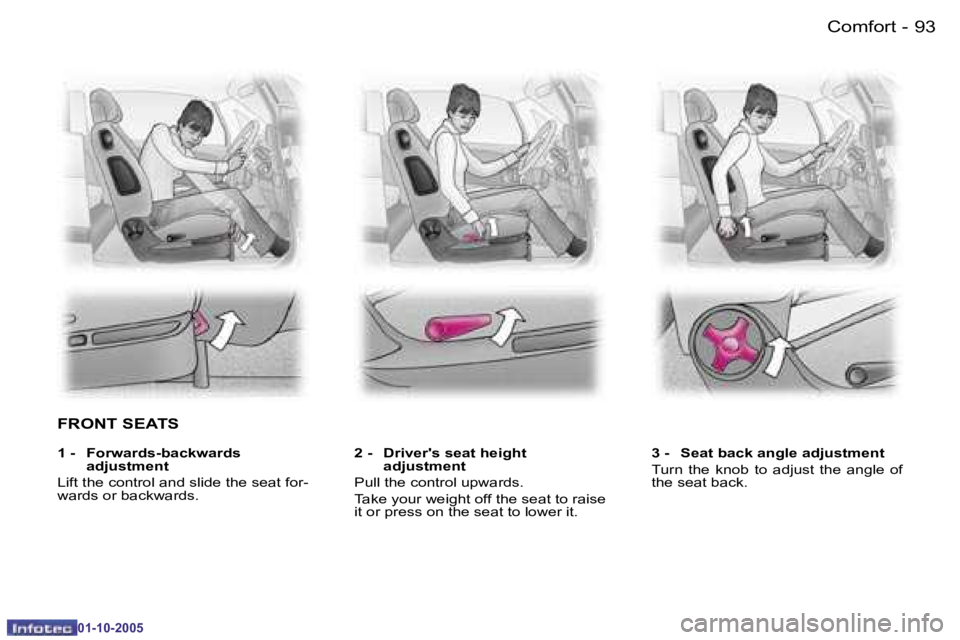 PEUGEOT 1007 2005  Owners Manual �9�2 �-�C�o�m�f�o�r�t
�0�1�-�1�0�-�2�0�0�5
�9�3
�-�C�o�m�f�o�r�t
�0�1�-�1�0�-�2�0�0�5
�F�R�O�N�T� �S�E�A�T�S
�2� �-�  �D�r�i�v�e�r�'�s� �s�e�a�t� �h�e�i�g�h�t� 
�a�d�j�u�s�t�m�e�n�t
�P�u�l�l� �t�h