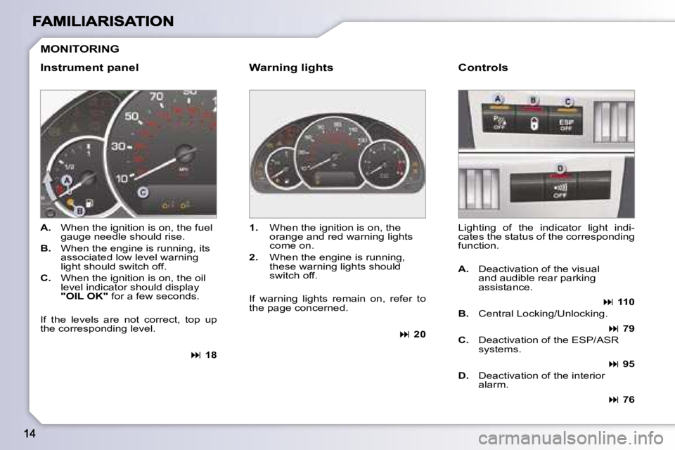 PEUGEOT 1007 2007  Owners Manual �M�O�N�I�T�O�R�I�N�G
�I�n�s�t�r�u�m�e�n�t� �p�a�n�e�l�W�a�r�n�i�n�g� �l�i�g�h�t�s
�A�.� �W�h�e�n� �t�h�e� �i�g�n�i�t�i�o�n� �i�s� �o�n�,� �t�h�e� �f�u�e�l� �g�a�u�g�e� �n�e�e�d�l�e� �s�h�o�u�l�d� �r�i