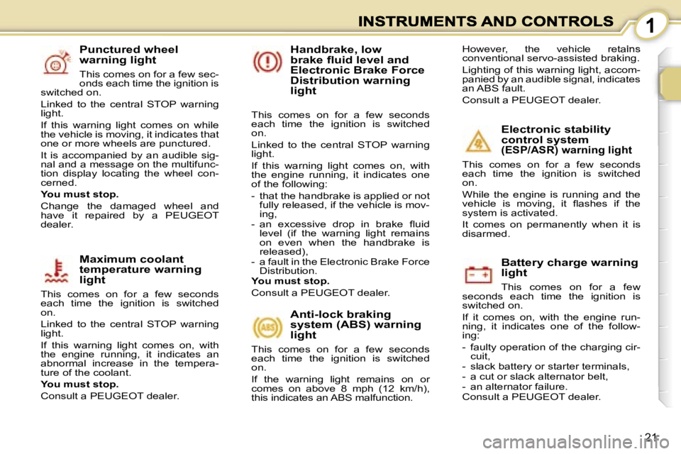PEUGEOT 1007 2007  Owners Manual �1
�2�1
�P�u�n�c�t�u�r�e�d� �w�h�e�e�l� �w�a�r�n�i�n�g� �l�i�g�h�t
�T�h�i�s� �c�o�m�e�s� �o�n� �f�o�r� �a� �f�e�w� �s�e�c�-�o�n�d�s� �e�a�c�h� �t�i�m�e� �t�h�e� �i�g�n�i�t�i�o�n� �i�s� �s�w�i�t�c�h�e�