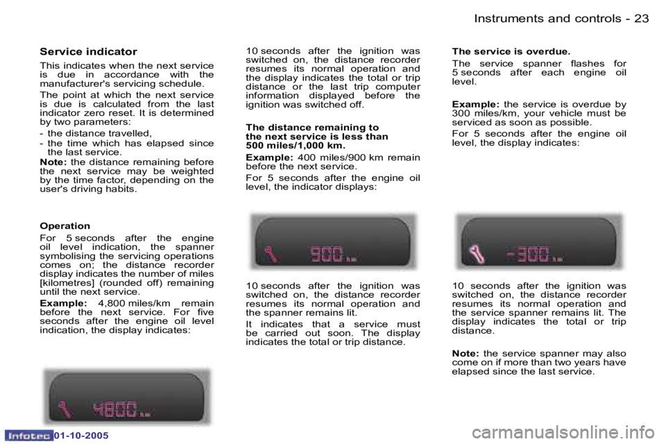PEUGEOT 1007 DAG 2005  Owners Manual �2�2 �-�I�n�s�t�r�u�m�e�n�t�s� �a�n�d� �c�o�n�t�r�o�l�s
�0�1�-�1�0�-�2�0�0�5
�2�3
�-�I�n�s�t�r�u�m�e�n�t�s� �a�n�d� �c�o�n�t�r�o�l�s
�0�1�-�1�0�-�2�0�0�5
�S�e�r�v�i�c�e� �i�n�d�i�c�a�t�o�r
�T�h�i�s� �
