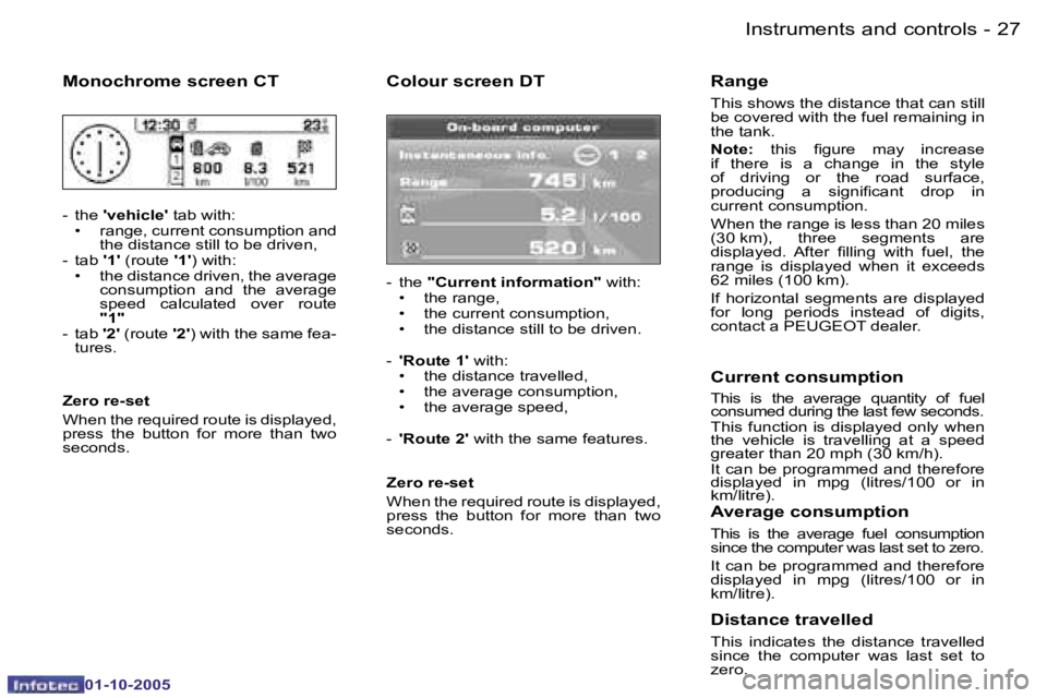 PEUGEOT 1007 DAG 2005  Owners Manual �2�6 �-�I�n�s�t�r�u�m�e�n�t�s� �a�n�d� �c�o�n�t�r�o�l�s
�0�1�-�1�0�-�2�0�0�5
�2�7
�-�I�n�s�t�r�u�m�e�n�t�s� �a�n�d� �c�o�n�t�r�o�l�s
�0�1�-�1�0�-�2�0�0�5
�M�o�n�o�c�h�r�o�m�e� �s�c�r�e�e�n� �C�T
�-
� 