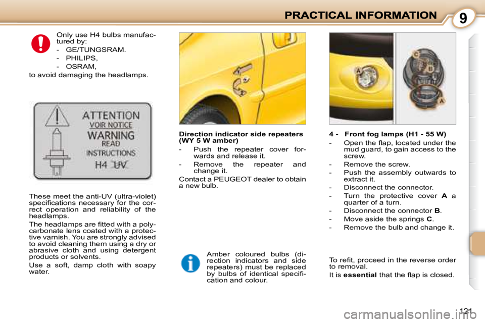 PEUGEOT 1007 DAG 2008  Owners Manual 9
121
 Only use H4 bulbs manufac- 
tured by:  
   -   GE/TUNGSRAM. 
  -   PHILIPS, 
  -   OSRAM,  
 to avoid damaging the headlamps. 
  Direction indicator side repeaters  
(WY 5 W amber)  
   -   Pus