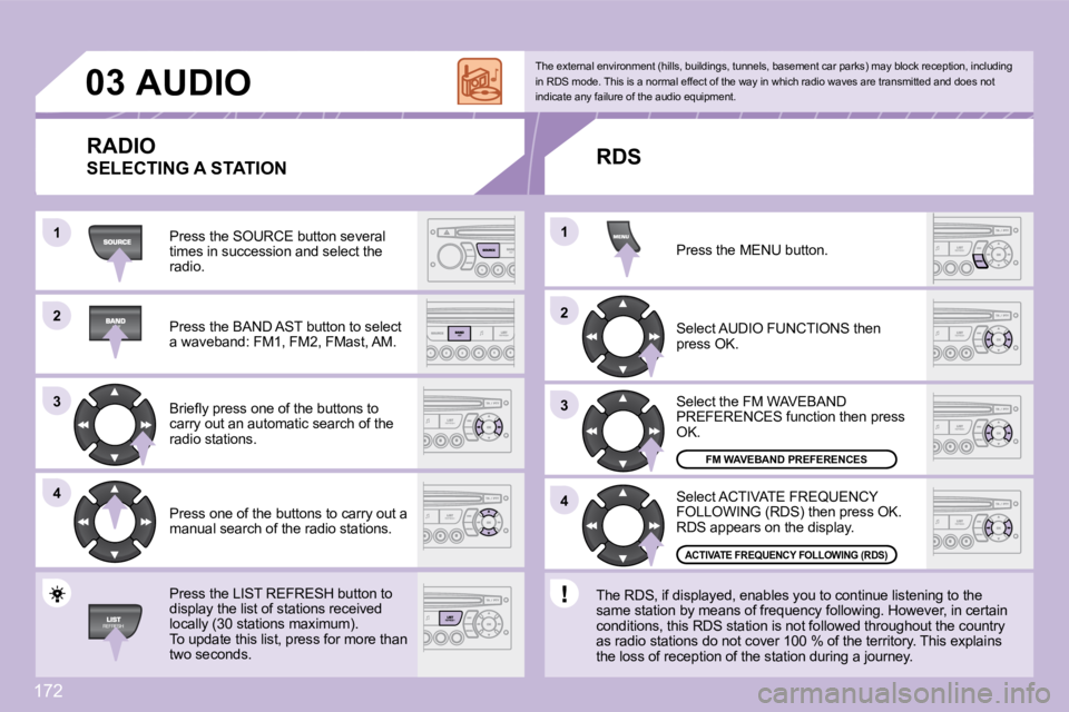 PEUGEOT 1007 DAG 2008  Owners Manual 172
22
33
44
11
22
44
33
11
03     AUDIO 
 Press the SOURCE button several times in succession and select the radio. 
� �P�r�e�s�s� �t�h�e� �B�A�N�D� �A�S�T� �b�u�t�t�o�n� �t�o� �s�e�l�e�c�t� �a� �w�a