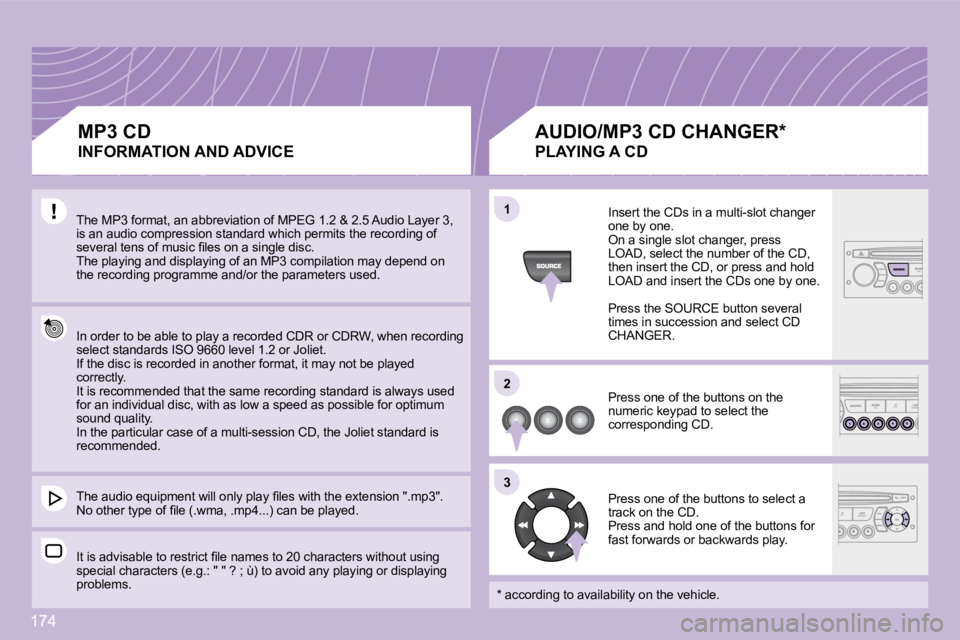 PEUGEOT 1007 DAG 2008  Owners Manual 174
11
22
33
� �T�h�e� �M�P�3� �f�o�r�m�a�t�,� �a�n� �a�b�b�r�e�v�i�a�t�i�o�n� �o�f� �M�P�E�G� �1�.�2� �&� �2�.�5� �A�u�d�i�o� �L�a�y�e�r� �3�,� 
�i�s� �a�n� �a�u�d�i�o� �c�o�m�p�r�e�s�s�i�o�n� �s�t�a