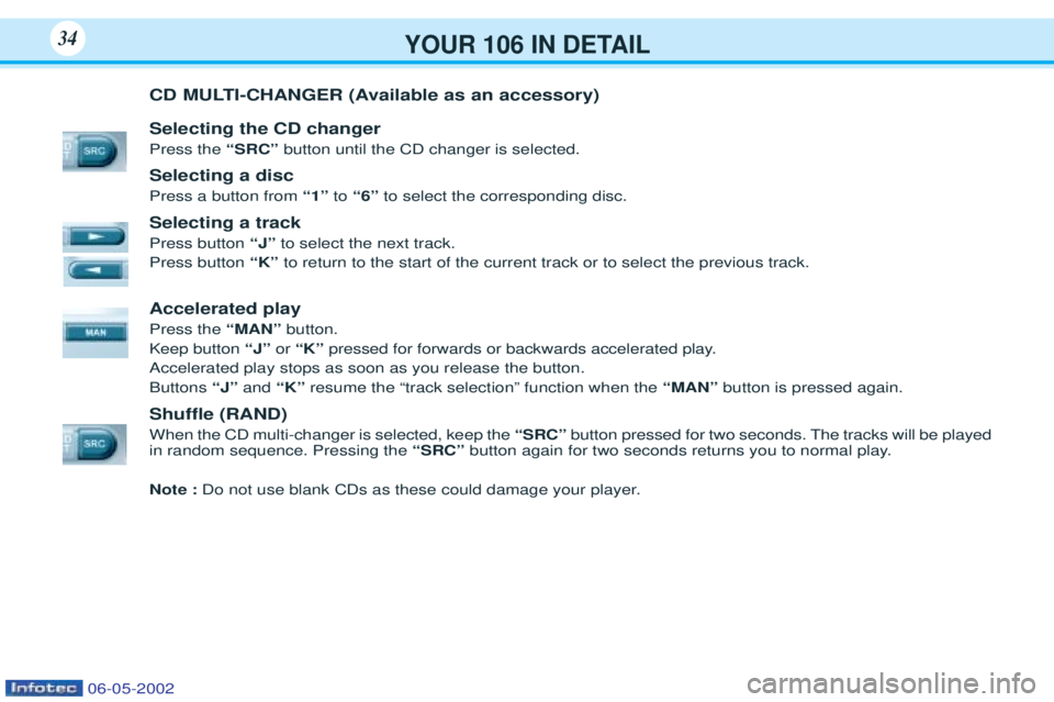 PEUGEOT 106 2001  Owners Manual YOUR 106 IN DETAIL34
CD MULTI-CHANGER (Available as an accessory) Selecting the CD changer Press the “SRC” button until the CD changer is selected.
Selecting a discPress a button from  “1”to 