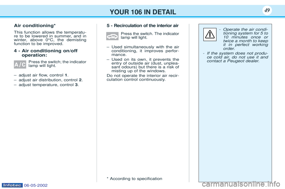 PEUGEOT 106 2001  Owners Manual YOUR 106 IN DETAIL
Air conditioning* This function allows the temperatu- 
re to be lowered in summer, and in
winter, above 0¡C, the demistingfunction to be improved. 4 - Air conditioning on/offoperat