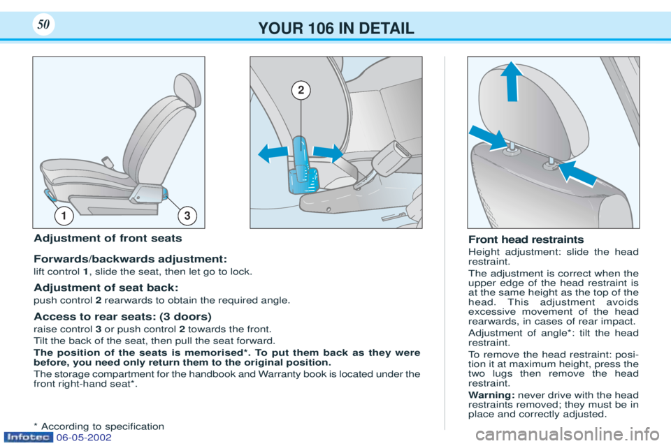 PEUGEOT 106 2001 Owners Manual YOUR 106 IN DETAIL50
Front head restraints Height adjustment: slide the head restraint. The adjustment is correct when the upper edge of the head restraint isat the same height as the top of thehead. PEUGEOT 106 2001 Owners Manual YOUR 106 IN DETAIL50
Front head restraints Height adjustment: slide the head restraint. The adjustment is correct when the upper edge of the head restraint isat the same height as the top of thehead.