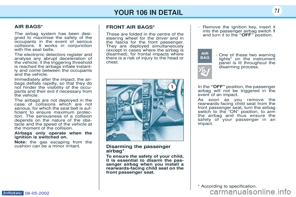 PEUGEOT 106 2001 Owners Manual YOUR 106 IN DETAIL71
AIR BAGS* The airbag system has been desi- gned to maximise the safety of theoccupants in the event of seriouscollisions. It works in conjunctionwith the seat belts. The electroni PEUGEOT 106 2001 Owners Manual YOUR 106 IN DETAIL71
AIR BAGS* The airbag system has been desi- gned to maximise the safety of theoccupants in the event of seriouscollisions. It works in conjunctionwith the seat belts. The electroni