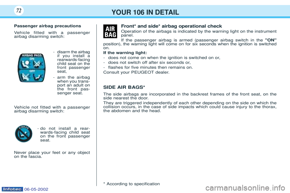 PEUGEOT 106 2001 Owners Manual YOUR 106 IN DETAIL72
Passenger airbag precautions Vehicle fitted with a passenger
airbag disarming switch:
- disarm the airbag if you install arearwards-facingchild seat on thefront passengerseat,
-ar PEUGEOT 106 2001 Owners Manual YOUR 106 IN DETAIL72
Passenger airbag precautions Vehicle fitted with a passenger
airbag disarming switch:
- disarm the airbag if you install arearwards-facingchild seat on thefront passengerseat,
-ar