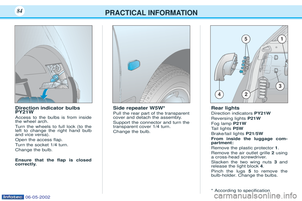 PEUGEOT 106 2001  Owners Manual PRACTICAL INFORMATION
Direction indicator bulbs PY21W Access to the bulbs is from inside the wheel arch. Turn the wheels to full lock (to the
left to change the right hand bulb and vice versa). Open t