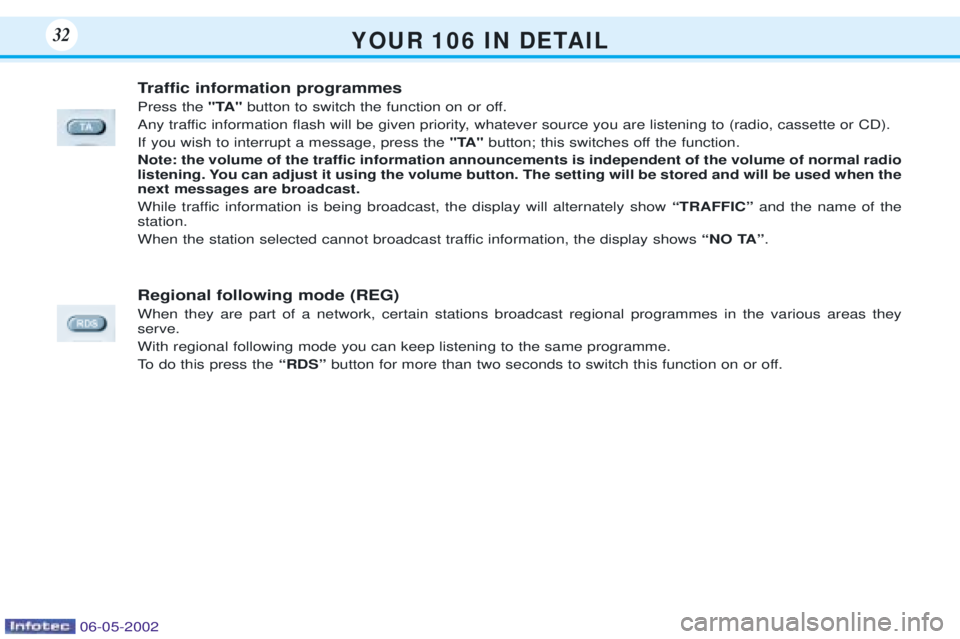 PEUGEOT 106 DAG 2001 Owners Manual Y O U R 1 0 6 I N D E TA I L32
Traffic information programmes Press the "TA"button to switch the function on or off.
Any traffic information flash will be given priority, whatever source you are PEUGEOT 106 DAG 2001 Owners Manual Y O U R 1 0 6 I N D E TA I L32
Traffic information programmes Press the "TA"button to switch the function on or off.
Any traffic information flash will be given priority, whatever source you are
