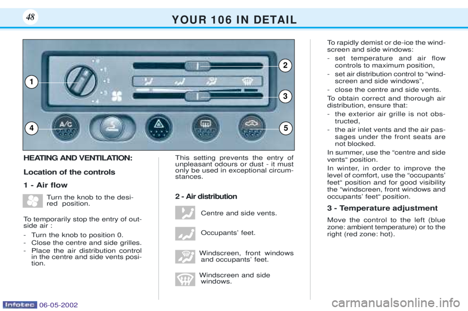 PEUGEOT 106 DAG 2001  Owners Manual HEATING AND VENTILATION: Location of the controls 1 - Air ßowTurn the knob to the desi- red  position.
To temporarily stop the entry of out-side air : 
- Turn the knob to position 0. 
- Close the cen