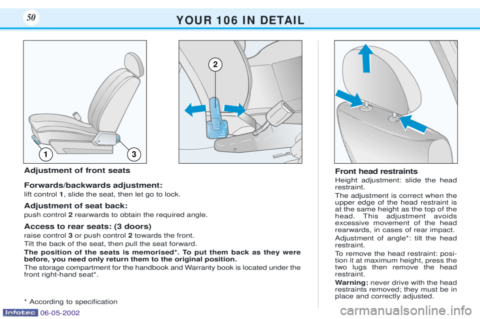 PEUGEOT 106 DAG 2001  Owners Manual Front head restraints Height adjustment: slide the head restraint. The adjustment is correct when the upper edge of the head restraint isat the same height as the top of thehead. This adjustment avoid