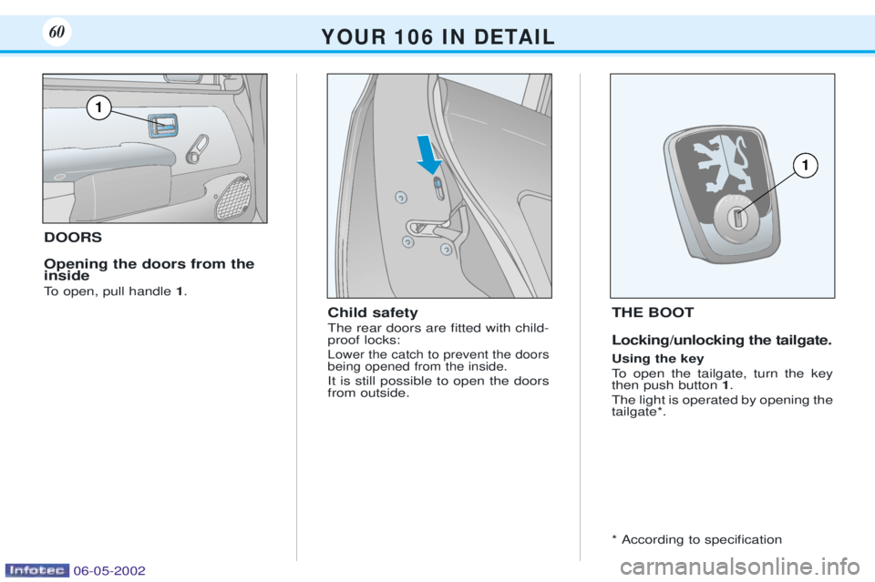 PEUGEOT 106 DAG 2001  Owners Manual DOORS Opening the doors from the inside 
To open, pull handle 1.
Child safety The rear doors are Þtted with child- proof locks:
Lower the catch to prevent the doorsbeing opened from the inside.
It is