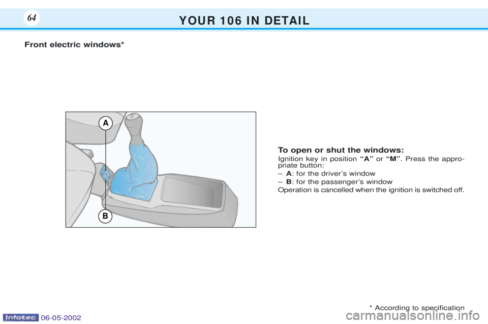 PEUGEOT 106 DAG 2001  Owners Manual Y O U R   1 0 6   I N   D E TA I L64
A
B
Front electric windows*To open or shut the windows: Ignition key in position ÒAÓor ÒMÓ . Press the appro-
priate button:   Ð A: for the driverÕs window
