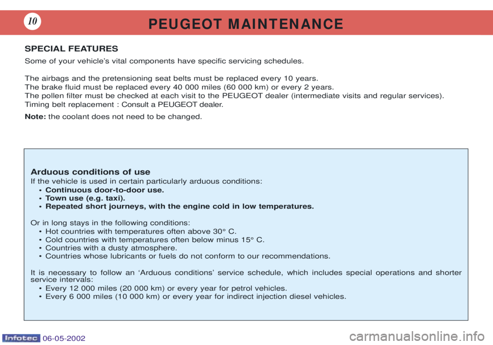 PEUGEOT 106 DAG 2001 Owners Manual P E U G E O T M A I N T E N A N C E10
SPECIAL FEATURES
Some of your vehicleÕs vital components have specific servicing schedules. The airbags and the pretensioning seat belts must be replaced ever PEUGEOT 106 DAG 2001 Owners Manual P E U G E O T M A I N T E N A N C E10
SPECIAL FEATURES
Some of your vehicleÕs vital components have specific servicing schedules. The airbags and the pretensioning seat belts must be replaced ever