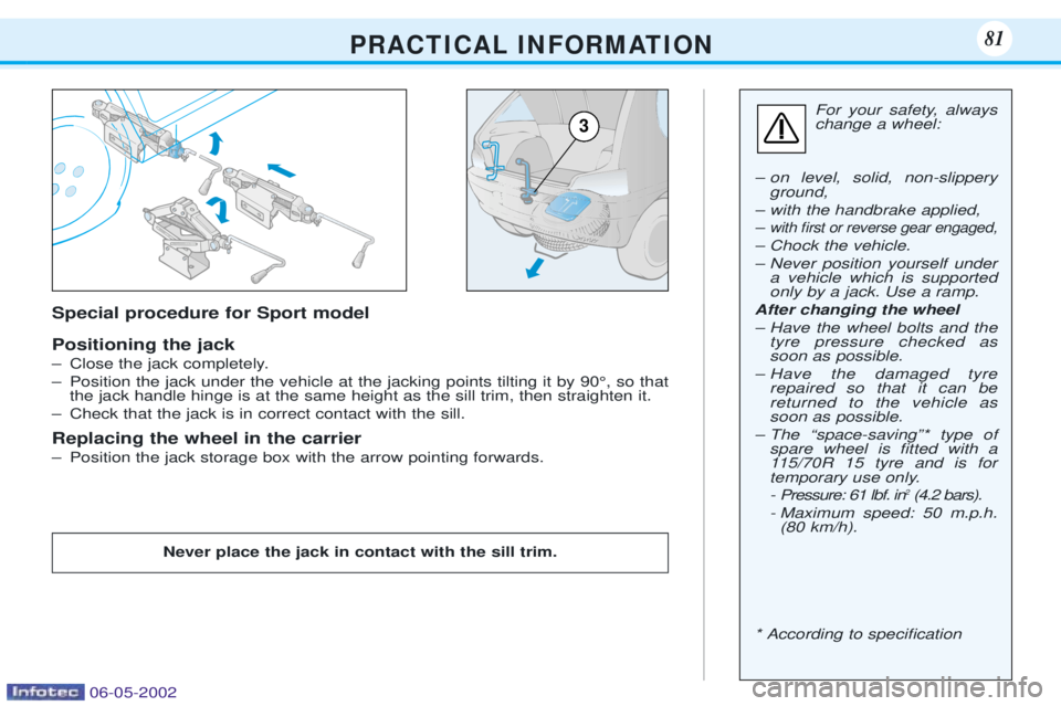 PEUGEOT 106 DAG 2001 Owners Manual P R A C T I C A L I N F O R M AT I O N8181
For your safety, always change a wheel:
Ð on level, solid, non-slippery ground,
Ð with the handbrake applied, Ð
with Þrst or reverse gear engaged,
Ð Cho PEUGEOT 106 DAG 2001 Owners Manual P R A C T I C A L I N F O R M AT I O N8181
For your safety, always change a wheel:
Ð on level, solid, non-slippery ground,
Ð with the handbrake applied, Ð
with Þrst or reverse gear engaged,
Ð Cho