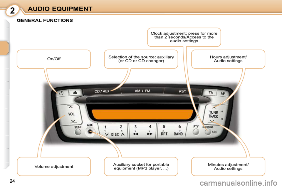 PEUGEOT 107 2010  Owners Manual 2
24
AUDIO EQUIPMENT
GENERAL FUNCTIONS 
 On/Off  Selection of the source: auxiliary 
(or CD or CD changer)   Clock adjustment: press for more 
than 2 seconds/Access to the  audio settings 
 Volume adj