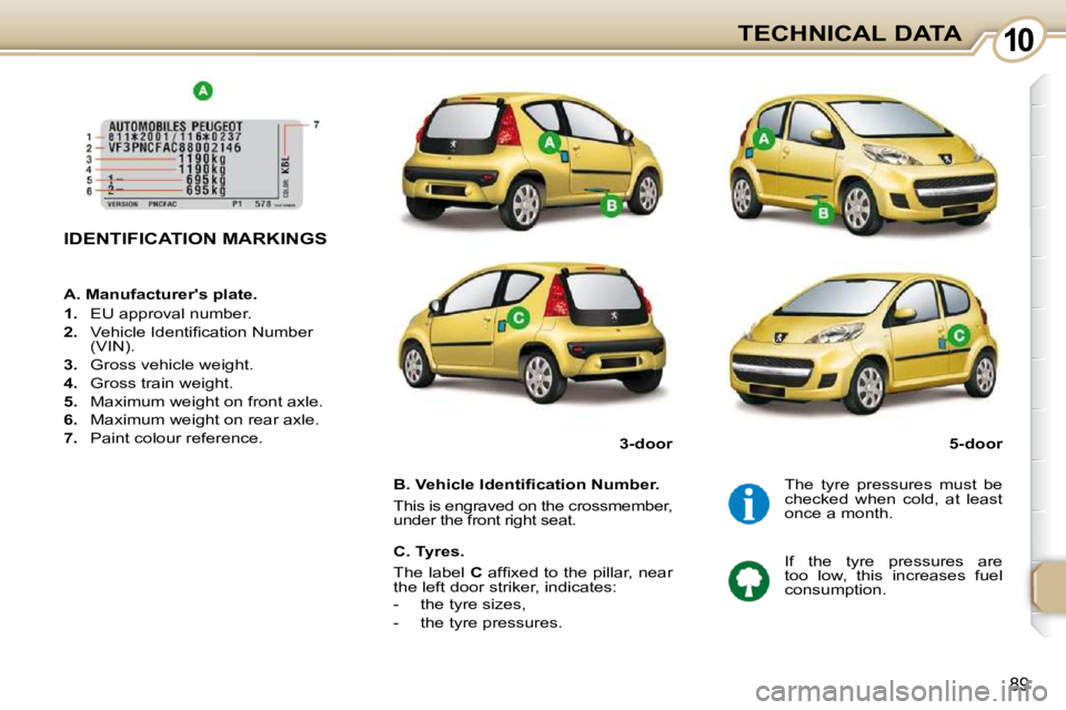 PEUGEOT 107 2010  Owners Manual 1010
89
TECHNICAL DATA
IDENTIFICATION MARKINGS  
� � �B�.� �V�e�h�i�c�l�e� �I�d�e�n�t�i�ﬁ� �c�a�t�i�o�n� �N�u�m�b�e�r�.�  
 This is engraved on the crossmember,  
under the front right seat.   The  