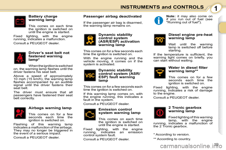 PEUGEOT 107 2009  Owners Manual 1
19
INSTRUMENTS and CONTROLS
  Battery charge  
warning lamp  
� �T�h�i�s�  �c�o�m�e�s�  �o�n�  �e�a�c�h�  �t�i�m�e�  
�t�h�e�  �i�g�n�i�t�i�o�n�  �i�s�  �s�w�i�t�c�h�e�d�  �o�n� 
�u�n�t�i�l� �t�h�e�