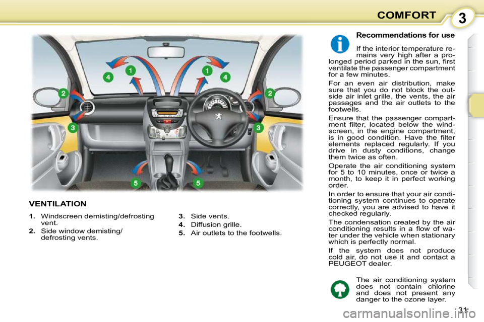 PEUGEOT 107 2009  Owners Manual 3
31
COMFORT
             VENTILATION 
  Recommendations for use 
� �I�f� �t�h�e� �i�n�t�e�r�i�o�r� �t�e�m�p�e�r�a�t�u�r�e� �r�e�- 
�m�a�i�n�s�  �v�e�r�y�  �h�i�g�h�  �a�f�t�e�r�  �a�  �p�r�o�-
�l�o�n