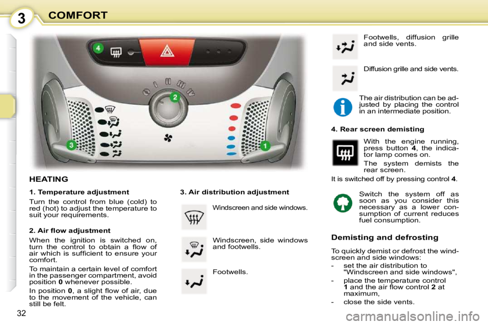 PEUGEOT 107 2009  Owners Manual 3
32
COMFORT
                 HEATING  
  1. Temperature adjustment  
� �T�u�r�n�  �t�h�e�  �c�o�n�t�r�o�l�  �f�r�o�m�  �b�l�u�e�  �(�c�o�l�d�)�  �t�o�  
�r�e�d� �(�h�o�t�)� �t�o� �a�d�j�u�s�t� �t�h�e