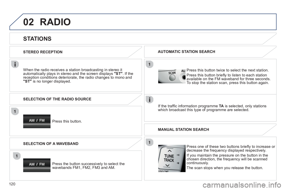 PEUGEOT 107 2012 Owners Manual 02
120
RADIO
STATIONS
When the radio receives a station broadcasting in stereo it
automatically plays in stereo and the screen displays "ST". If thereception conditions deteriorat PEUGEOT 107 2012 Owners Manual 02
120
RADIO
STATIONS
When the radio receives a station broadcasting in stereo it
automatically plays in stereo and the screen displays "ST". If thereception conditions deteriorat