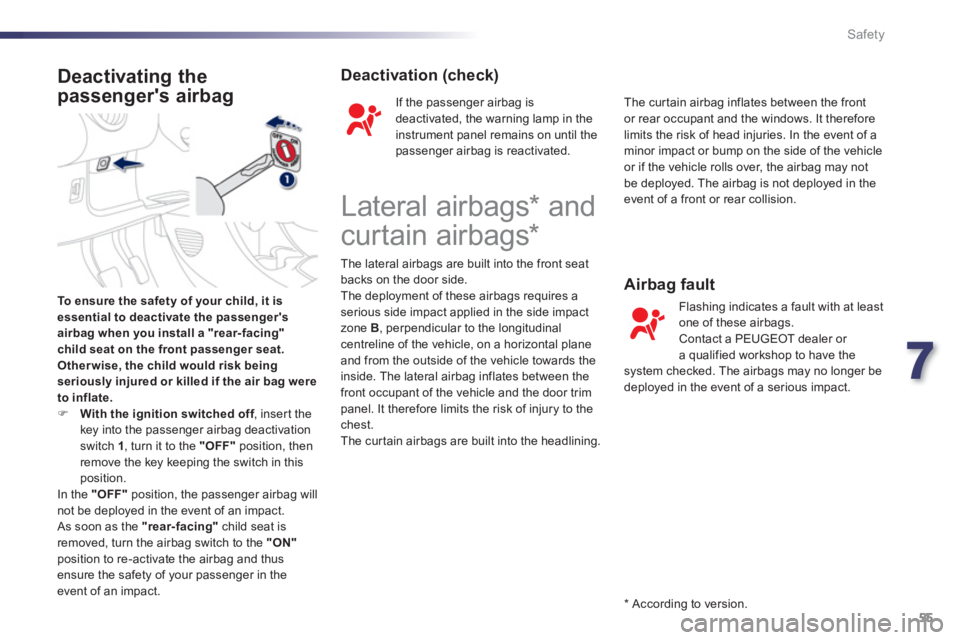 PEUGEOT 107 2012 Owners Manual 7
55 Safety
To ensure the safety of your child, it is essential to deactivate the passengersairbag when you install a "rear-facing"child seat on the front passenger seat.
Other wise, the child would PEUGEOT 107 2012 Owners Manual 7
55 Safety
To ensure the safety of your child, it is essential to deactivate the passengersairbag when you install a "rear-facing"child seat on the front passenger seat.
Other wise, the child would