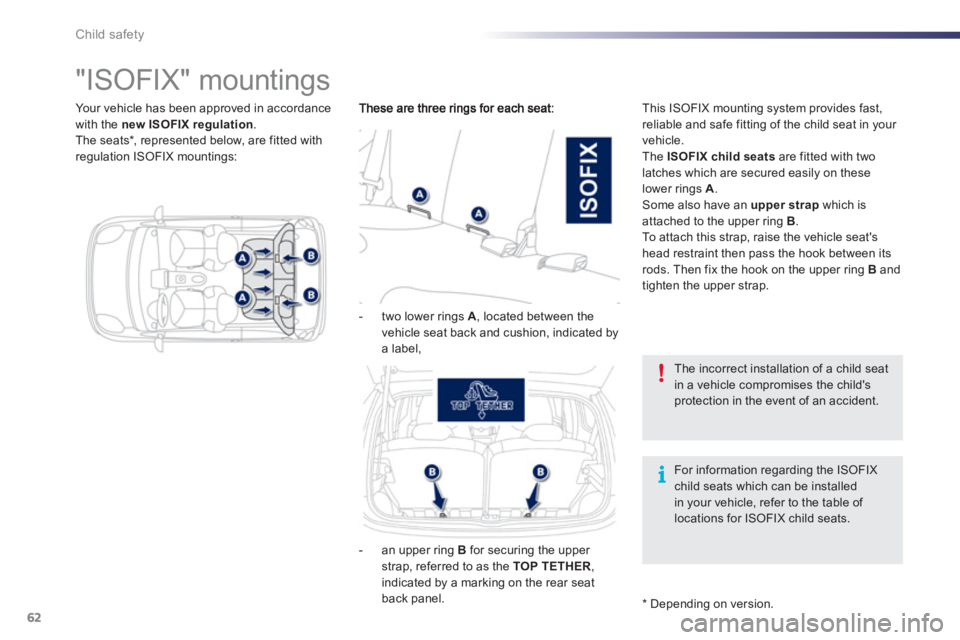 PEUGEOT 107 2012 Owners Manual 62Child safety
"ISOFIX" mountings
This ISOFIX mounting system provides fast,
reliable and safe fitting of the child seat in your
vehicle.
The ISOFIX child seatsare PEUGEOT 107 2012 Owners Manual 62Child safety
"ISOFIX" mountings
This ISOFIX mounting system provides fast,
reliable and safe fitting of the child seat in your
vehicle.
The ISOFIX child seatsare