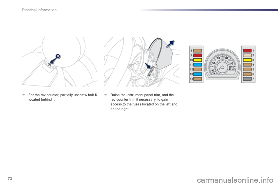 PEUGEOT 107 2012  Owners Manual 72Practical information
�)    Raise the instrument panel trim, and the
rev counter trim if necessary, to gain access to the fuses located on the left and on the right.  
 
�)For the rev counter, par t