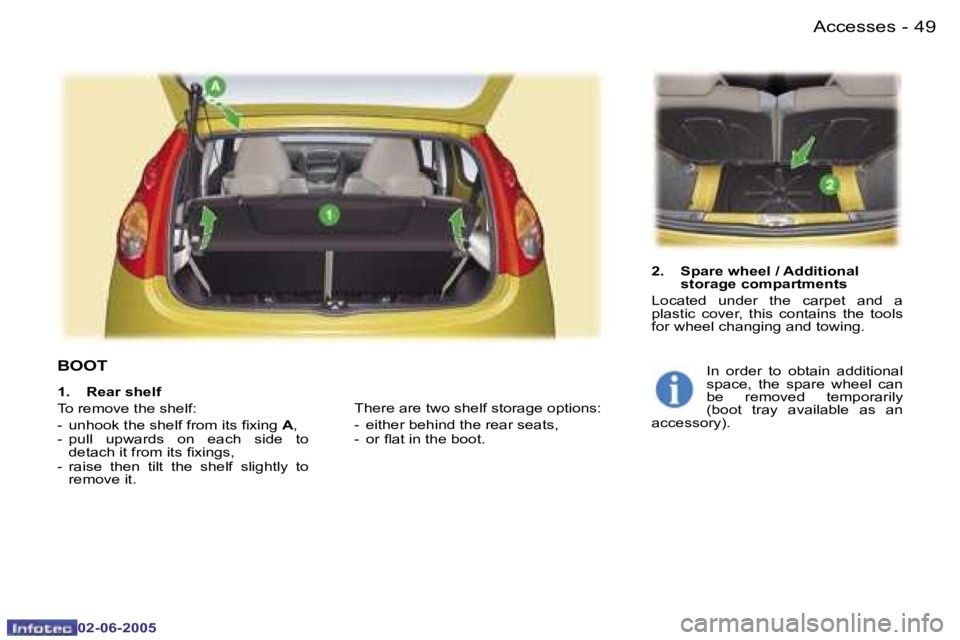 PEUGEOT 107 2005  Owners Manual �A�c�c�e�s�s�e�s�4�8 �-
�0�2�-�0�6�-�2�0�0�5
�4�9�A�c�c�e�s�s�e�s�-
�0�2�-�0�6�-�2�0�0�5
�B�O�O�T
�2�.�  �S�p�a�r�e� �w�h�e�e�l� �/� �A�d�d�i�t�i�o�n�a�l�  
�s�t�o�r�a�g�e� �c�o�m�p�a�r�t�m�e�n�t�s
�L