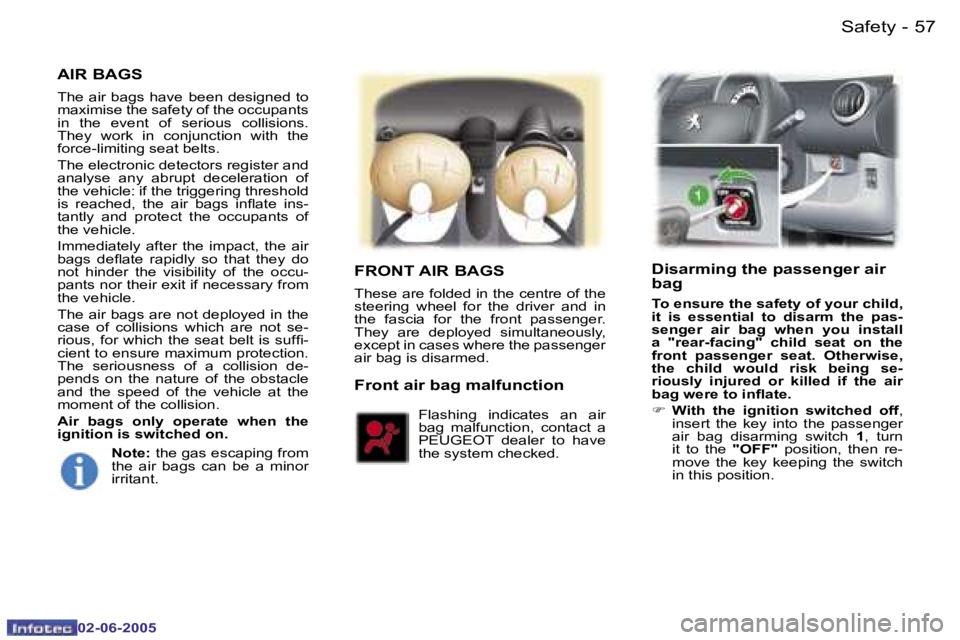 PEUGEOT 107 2005  Owners Manual �S�a�f�e�t�y�5�6 �-
�0�2�-�0�6�-�2�0�0�5
�5�7�S�a�f�e�t�y�-
�0�2�-�0�6�-�2�0�0�5
�A�I�R� �B�A�G�S
�T�h�e� �a�i�r� �b�a�g�s� �h�a�v�e� �b�e�e�n� �d�e�s�i�g�n�e�d� �t�o� 
�m�a�x�i�m�i�s�e� �t�h�e� �s�a�