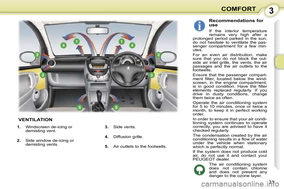 PEUGEOT 107 2006  Owners Manual �3�C�O�M�F�O�R�T
�3�1
� �V�E�N�T�I�L�A�T�I�O�N
�R�e�c�o�m�m�e�n�d�a�t�i�o�n�s� �f�o�r�  
�u�s�e
�I�f�  �t�h�e�  �i�n�t�e�r�i�o�r�  �t�e�m�p�e�r�a�t�u�r�e�  
�r�e�m�a�i�n�s�  �v�e�r�y�  �h�i�g�h�  �a�f