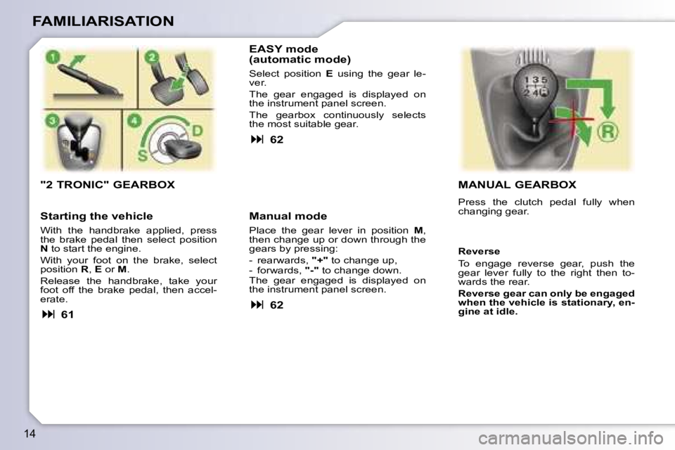 PEUGEOT 107 2007  Owners Manual �1�4
�F�A�M�I�L�I�A�R�I�S�A�T�I�O�N
�"�2� �T�R�O�N�I�C�"� �G�E�A�R�B�O�X� 
�E�A�S�Y� �m�o�d�e 
�(�a�u�t�o�m�a�t�i�c� �m�o�d�e�)
�S�e�l�e�c�t�  �p�o�s�i�t�i�o�n� �E�  �u�s�i�n�g�  �t�h�e�  �g�e
