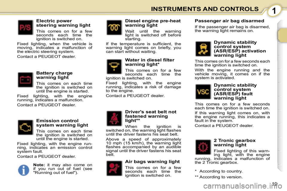 PEUGEOT 107 2007  Owners Manual �1�I�N�S�T�R�U�M�E�N�T�S� �A�N�D� �C�O�N�T�R�O�L�S
�1�9
�E�l�e�c�t�r�i�c� �p�o�w�e�r�  
�s�t�e�e�r�i�n�g� �w�a�r�n�i�n�g� �l�i�g�h�t
�T�h�i�s�  �c�o�m�e�s�  �o�n�  �f�o�r�  �a�  �f�e�w�  
�s�e�c�o�n�d