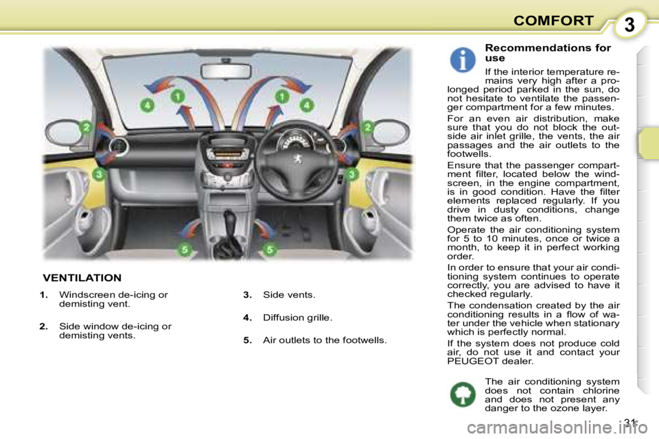 PEUGEOT 107 2007  Owners Manual �3�C�O�M�F�O�R�T
�3�1
� �V�E�N�T�I�L�A�T�I�O�N
�R�e�c�o�m�m�e�n�d�a�t�i�o�n�s� �f�o�r�  
�u�s�e
�I�f� �t�h�e� �i�n�t�e�r�i�o�r� �t�e�m�p�e�r�a�t�u�r�e� �r�e�- 
�m�a�i�n�s�  �v�e�r�y�  �h�i�g�h�  �a�f�