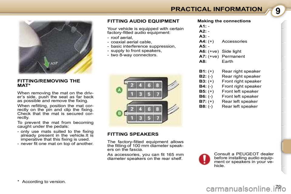 PEUGEOT 107 2007  Owners Manual �9�P�R�A�C�T�I�C�A�L� �I�N�F�O�R�M�A�T�I�O�N
�7�9
�F�I�T�T�I�N�G� �A�U�D�I�O� �E�Q�U�I�P�M�E�N�T
�Y�o�u�r� �v�e�h�i�c�l�e� �i�s� �e�q�u�i�p�p�e�d� �w�i�t�h� �c�e�r�t�a�i�n�  
�f�a�c�t�o�r�y�-�ﬁ�t�t�