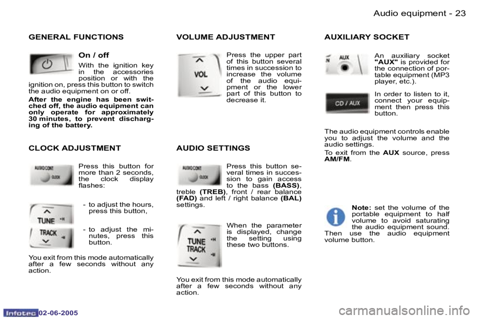 PEUGEOT 107 DAG 2005  Owners Manual �A�u�d�i�o� �e�q�u�i�p�m�e�n�t�2�2 �-
�0�2�-�0�6�-�2�0�0�5
�2�3�A�u�d�i�o� �e�q�u�i�p�m�e�n�t�-
�0�2�-�0�6�-�2�0�0�5
�G�E�N�E�R�A�L� �F�U�N�C�T�I�O�N�S�O�n� �/� �o�f�f
�W�i�t�h�  �t�h�e�  �i�g�n�i�t�i