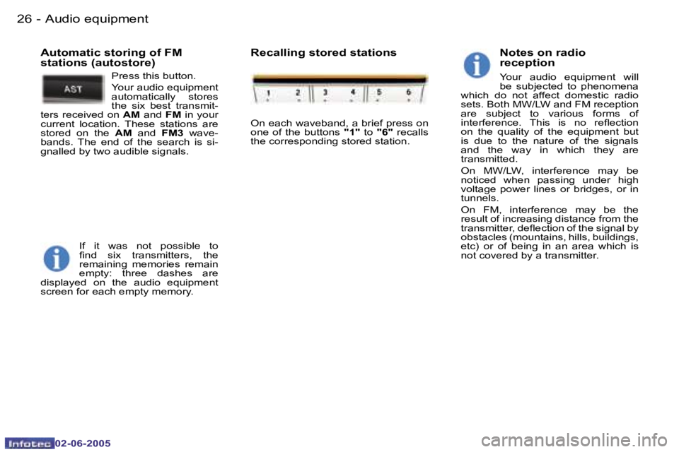 PEUGEOT 107 DAG 2005  Owners Manual �A�u�d�i�o� �e�q�u�i�p�m�e�n�t�2�6 �-
�0�2�-�0�6�-�2�0�0�5
�2�7�A�u�d�i�o� �e�q�u�i�p�m�e�n�t�-
�0�2�-�0�6�-�2�0�0�5
�N�o�t�e�s� �o�n� �r�a�d�i�o�  
�r�e�c�e�p�t�i�o�n
�Y�o�u�r�  �a�u�d�i�o�  �e�q�u�i