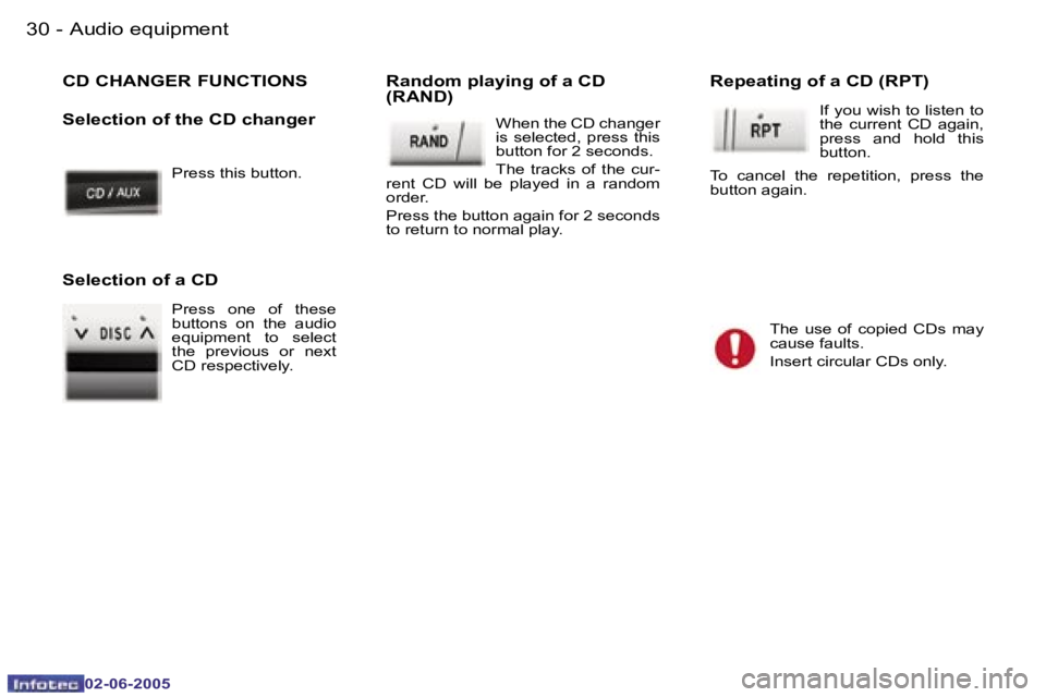 PEUGEOT 107 DAG 2005  Owners Manual �A�u�d�i�o� �e�q�u�i�p�m�e�n�t�3�0 �-
�0�2�-�0�6�-�2�0�0�5
�P�r�e�s�s� �t�h�i�s� �b�u�t�t�o�n�.
�C�D� �C�H�A�N�G�E�R� �F�U�N�C�T�I�O�N�S 
�S�e�l�e�c�t�i�o�n� �o�f� �t�h�e� �C�D� �c�h�a�n�g�e�r�R�a�n�d