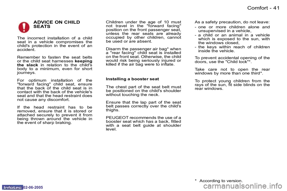 PEUGEOT 107 DAG 2005  Owners Manual �C�o�m�f�o�r�t�4�0 �-
�0�2�-�0�6�-�2�0�0�5
�4�1�C�o�m�f�o�r�t�-
�0�2�-�0�6�-�2�0�0�5
�A�D�V�I�C�E� �O�N� �C�H�I�L�D�  
�S�E�A�T�S
�T�h�e�  �i�n�c�o�r�r�e�c�t�  �i�n�s�t�a�l�l�a�t�i�o�n�  �o�f�  �a�  �