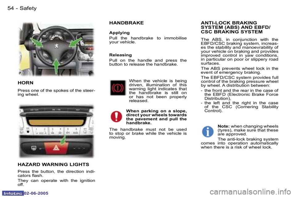 PEUGEOT 107 DAG 2005  Owners Manual �S�a�f�e�t�y
�5�4 �-
�0�2�-�0�6�-�2�0�0�5
�5�5
�S�a�f�e�t�y
�-
�0�2�-�0�6�-�2�0�0�5
�H�O�R�N
�P�r�e�s�s� �o�n�e� �o�f� �t�h�e� �s�p�o�k�e�s� �o�f� �t�h�e� �s�t�e�e�r�- 
�i�n�g� �w�h�e�e�l�.
�H�A�Z�A�R