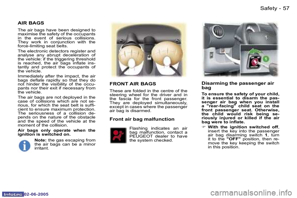 PEUGEOT 107 DAG 2005  Owners Manual �S�a�f�e�t�y�5�6 �-
�0�2�-�0�6�-�2�0�0�5
�5�7�S�a�f�e�t�y�-
�0�2�-�0�6�-�2�0�0�5
�A�I�R� �B�A�G�S
�T�h�e� �a�i�r� �b�a�g�s� �h�a�v�e� �b�e�e�n� �d�e�s�i�g�n�e�d� �t�o� 
�m�a�x�i�m�i�s�e� �t�h�e� �s�a�