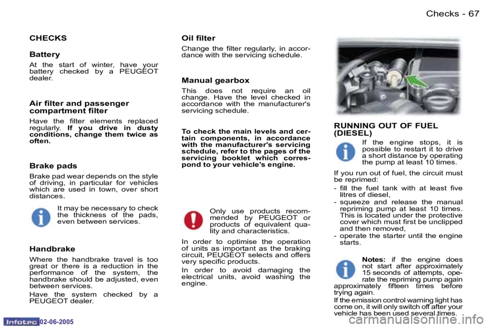 PEUGEOT 107 DAG 2005  Owners Manual �C�h�e�c�k�s�6�6 �-
�0�2�-�0�6�-�2�0�0�5
�6�7�C�h�e�c�k�s�-
�0�2�-�0�6�-�2�0�0�5
�C�H�E�C�K�S�O�i�l� �i�l�t�e�r
�C�h�a�n�g�e�  �t�h�e�  �i�l�t�e�r�  �r�e�g�u�l�a�r�l�y�,�  �i�n�  �a�c�c�o�r�- 
�d�a�n�