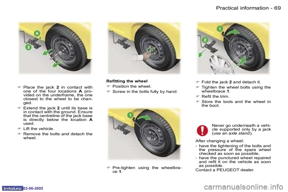 PEUGEOT 107 DAG 2005  Owners Manual �P�r�a�c�t�i�c�a�l� �i�n�f�o�r�m�a�t�i�o�n�6�8 �-
�0�2�-�0�6�-�2�0�0�5
�6�9�P�r�a�c�t�i�c�a�l� �i�n�f�o�r�m�a�t�i�o�n�-
�0�2�-�0�6�-�2�0�0�5
�R�e�i�t�t�i�n�g� �t�h�e� �w�h�e�e�l 
�F�  �P�o�s�i�t�i�o�n