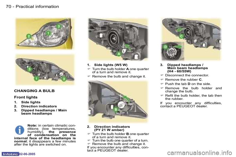 PEUGEOT 107 DAG 2005  Owners Manual �P�r�a�c�t�i�c�a�l� �i�n�f�o�r�m�a�t�i�o�n�7�0 �-
�0�2�-�0�6�-�2�0�0�5
�7�1�P�r�a�c�t�i�c�a�l� �i�n�f�o�r�m�a�t�i�o�n�-
�0�2�-�0�6�-�2�0�0�5
�C�H�A�N�G�I�N�G� �A� �B�U�L�B
�F�r�o�n�t� �l�i�g�h�t�s
�1�