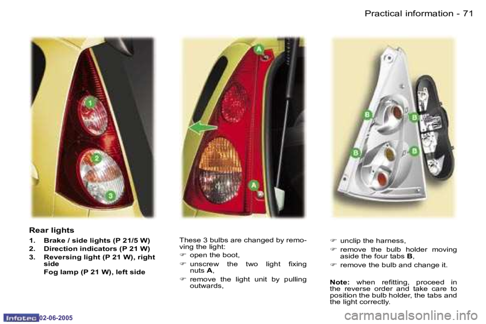 PEUGEOT 107 DAG 2005  Owners Manual �P�r�a�c�t�i�c�a�l� �i�n�f�o�r�m�a�t�i�o�n�7�0 �-
�0�2�-�0�6�-�2�0�0�5
�7�1�P�r�a�c�t�i�c�a�l� �i�n�f�o�r�m�a�t�i�o�n�-
�0�2�-�0�6�-�2�0�0�5
�R�e�a�r� �l�i�g�h�t�s
�1�.�  �B�r�a�k�e� �/� �s�i�d�e� �l�